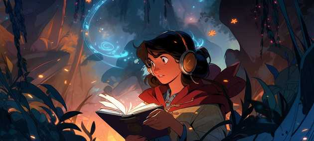 Illustration Hero with heaphones on holding a magical book